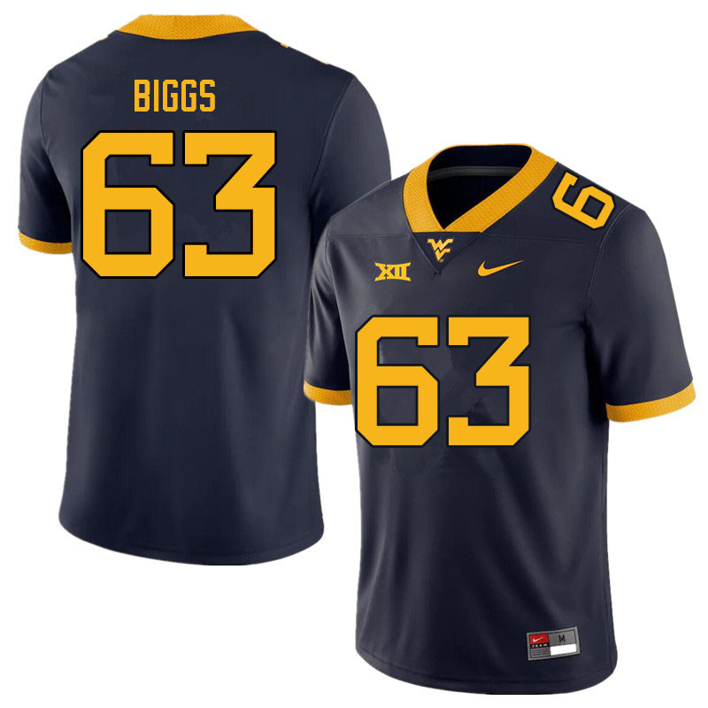 Men #63 Bryce Biggs West Virginia Mountaineers College Football Jerseys Sale-Navy